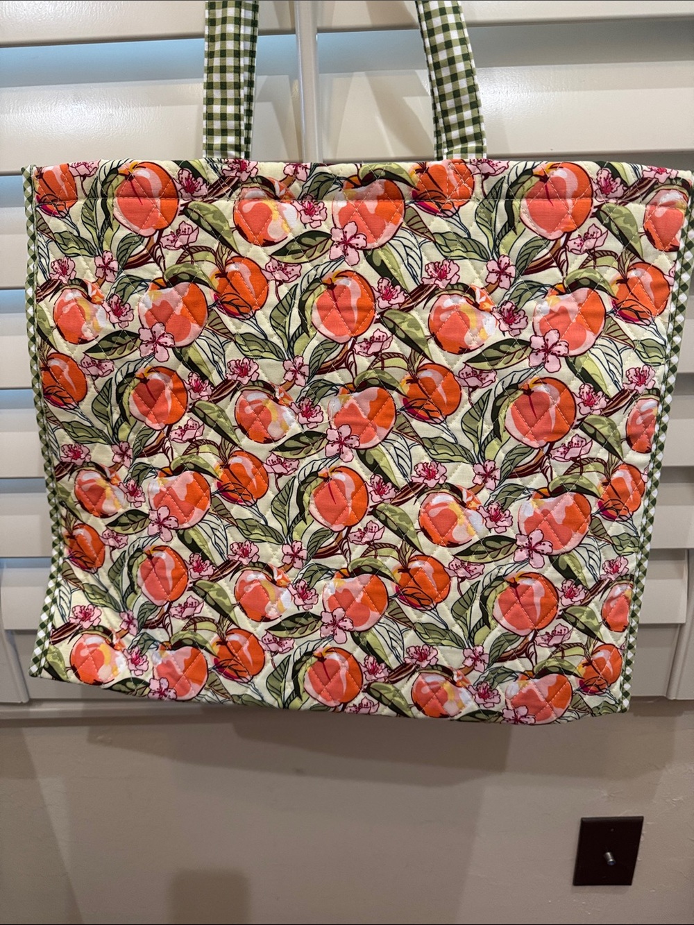 Vera Bradley Peach Floral Quilted Tote with Green Gingham Trim - Picture 3 of 5